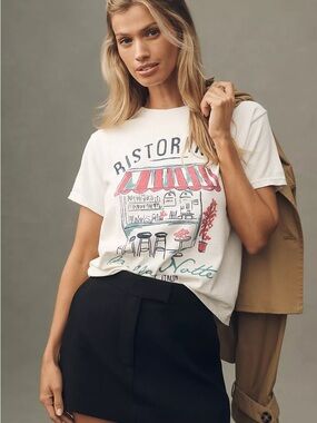 Anthropologie White Ristorante Graphic Tee with Red & Teal Accents